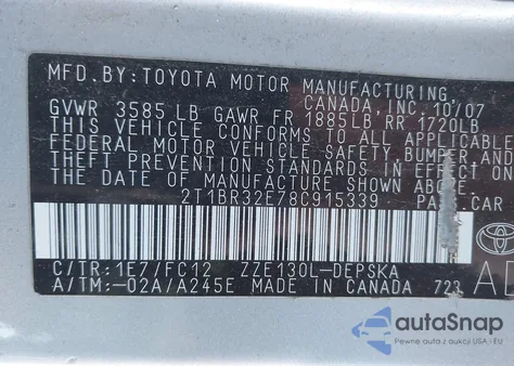 2008 Toyota Corolla S from USA, damaged, VIN 2T1BR32E78C915339